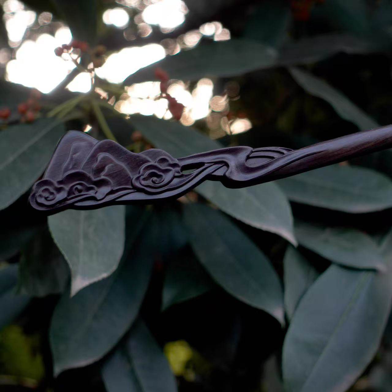 Fermaglio per capelli in Ebano africano naturale - Forcina da 20 cm con motivo paesaggistico e finitura liscia (山水图)
