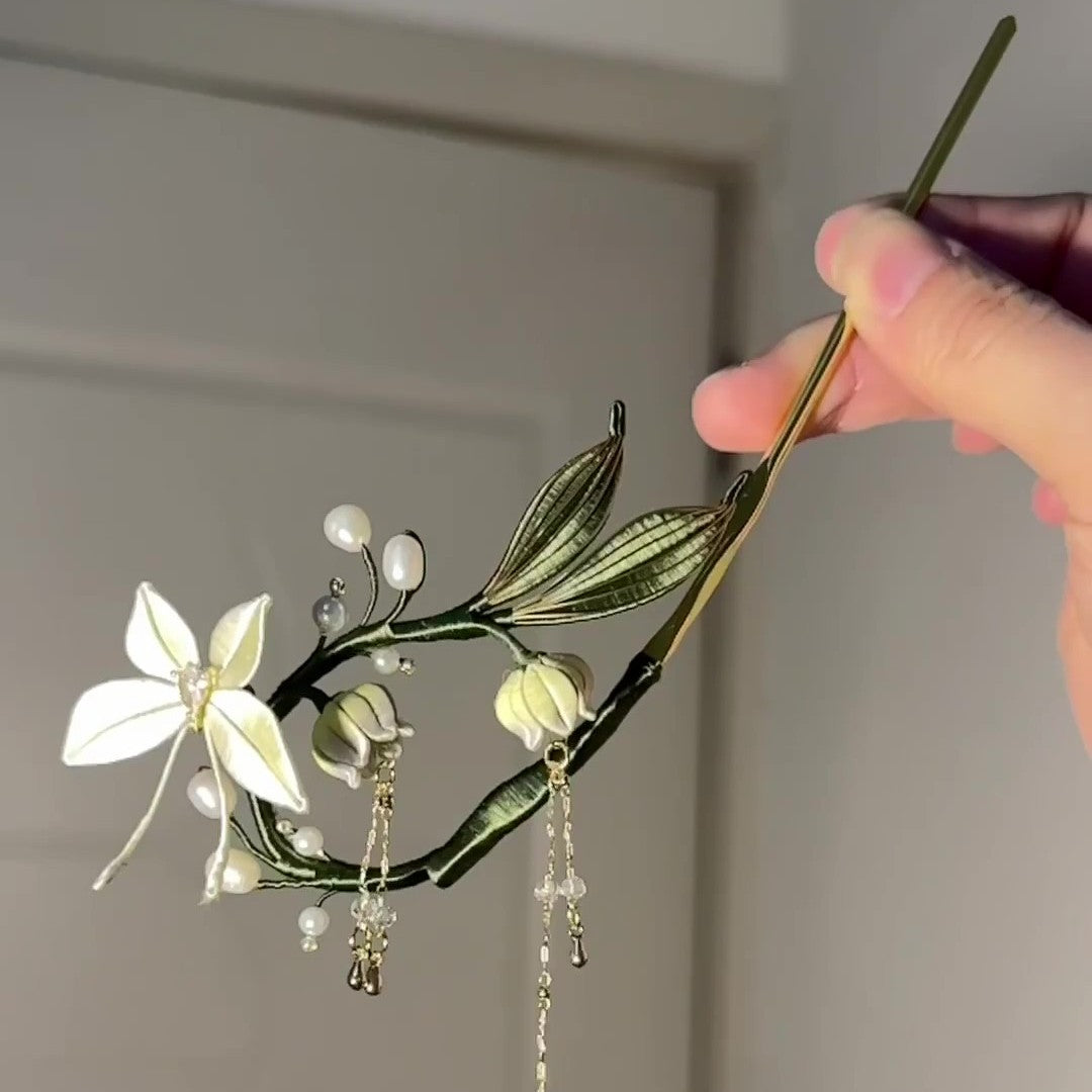 Handmade Lily of the Valley and Butterfly Chanhua Hairpin - Artisanal Thread-Wrapped Hair Accessory