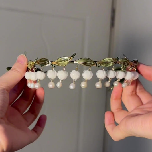 Handmade Lily of the Valley Headband - Artisanal Chanhua Floral Hair Hoop with Glass Blossoms