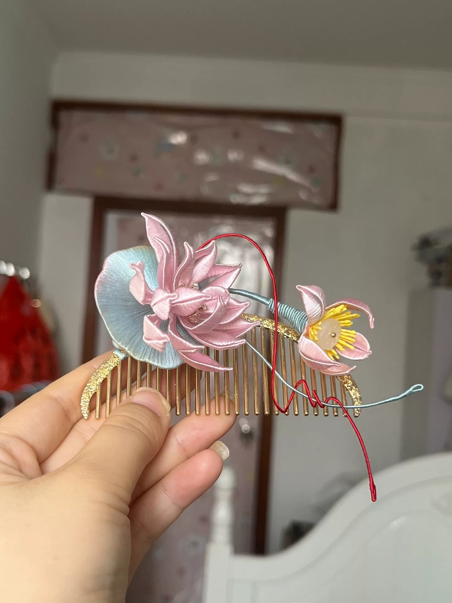Handmade Chanhua lotus hair comb with pink and yellow flowers-6