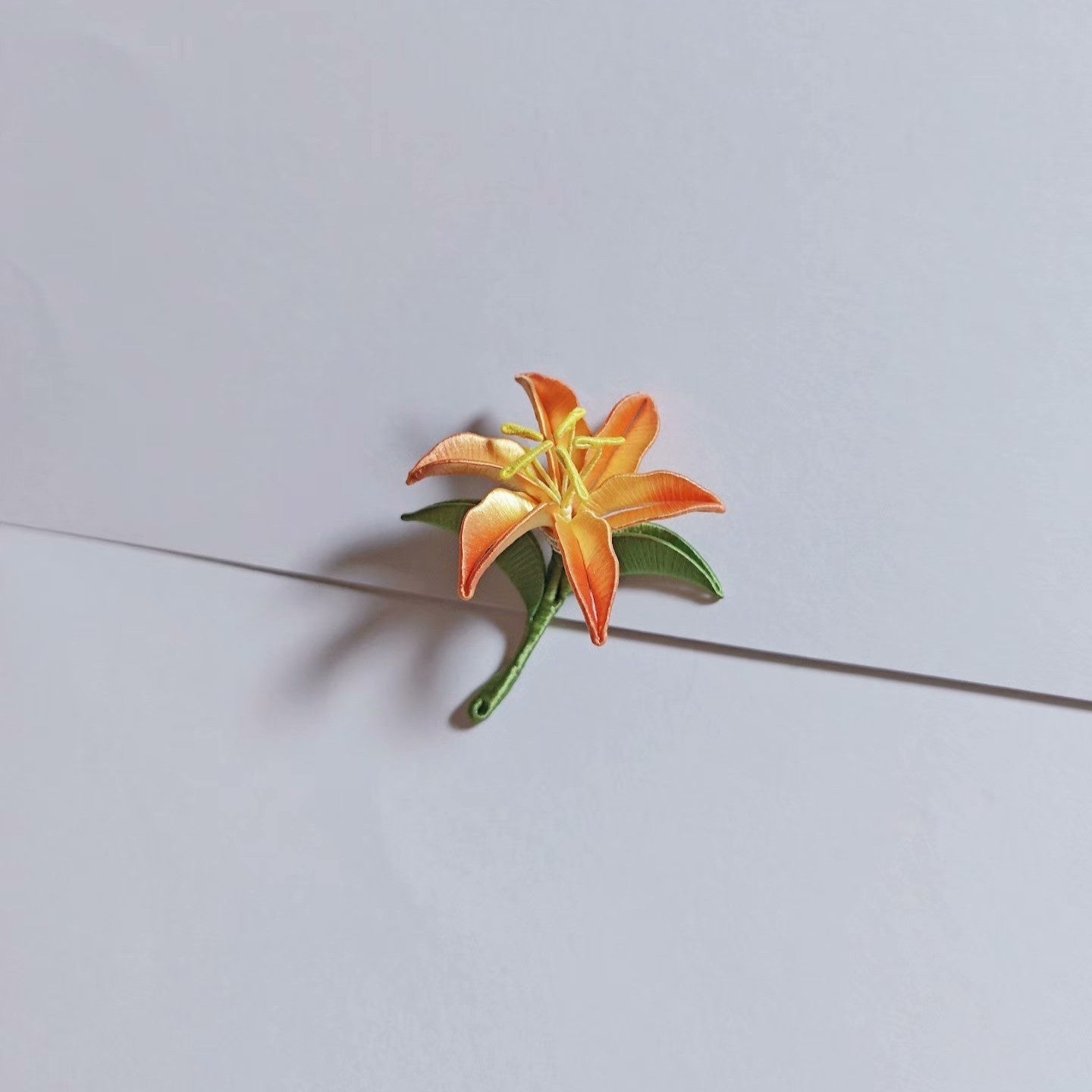 Handmade Chanhua Lily Brooch - Orange Flower & Green Leaves