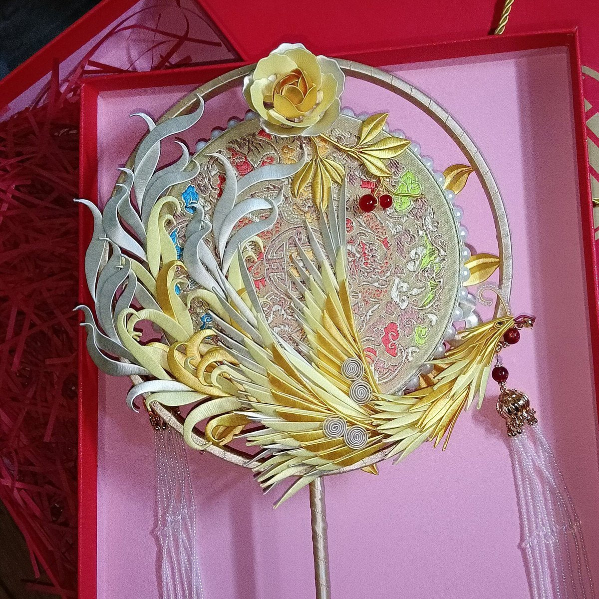 Handmade Chanhua Thread-Wrapped Phoenix Wedding Fan - Luxury Bridal Handheld Ornament