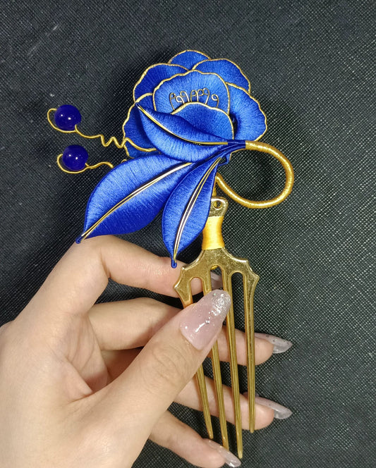 Fermaglio per Capelli Fatto a Mano con Fiore Blu - Fermaglio per Capelli in Seta (Chanhua)