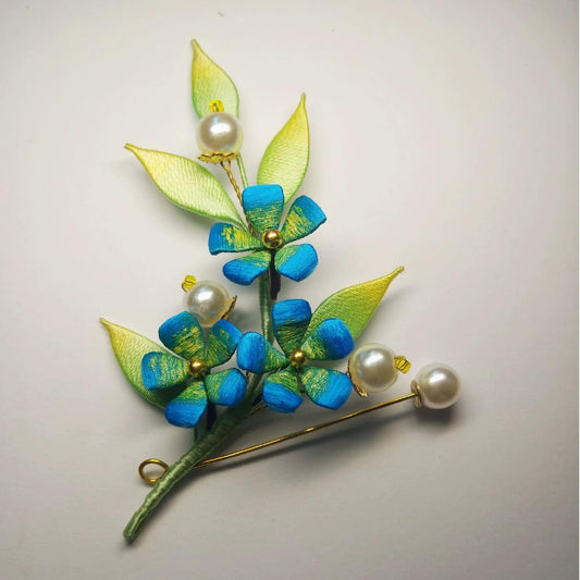 Spilla Artigianale Fiore Blu E Verde - Spilla in Seta (Chanhua)