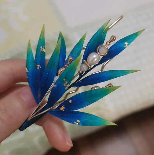 Spilla personalizzata a foglie blu - Spilla in seta (Ronghua)