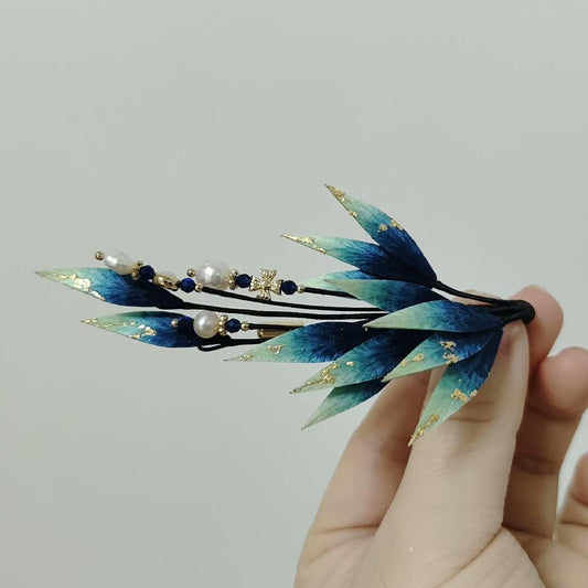 Spilla su misura con foglie blu - Spilla di seta (Ronghua)