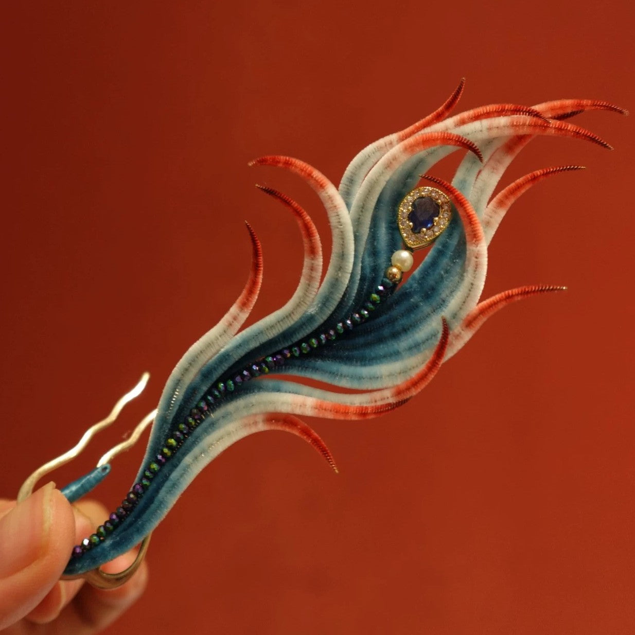 Handmade Ronghua Phoenix Tail Hairpin | Blue-White-Red Mulberry