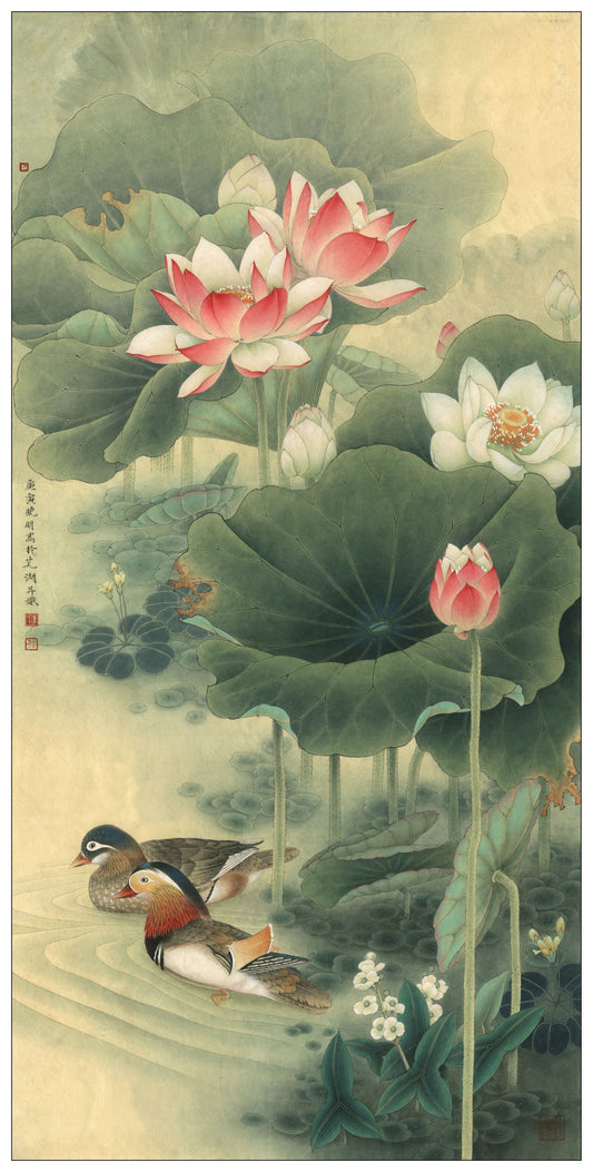 From Outline to Masterpiece: The Serene Beauty of 'Lotus Pond with Mandarin Ducks' through Chinese Brushwork