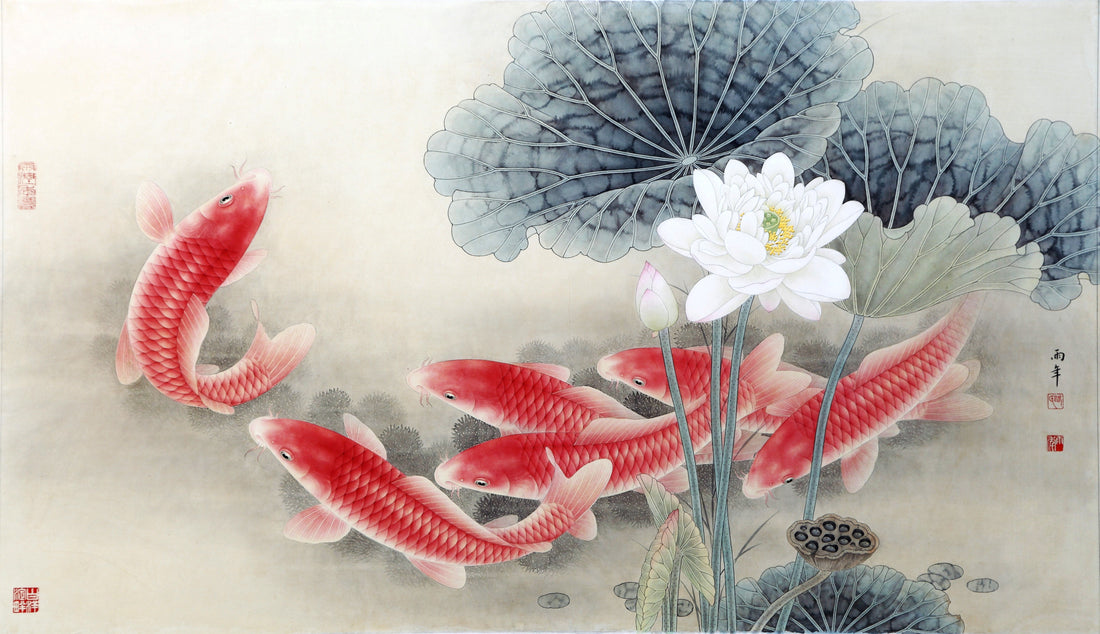 Graceful Harmony: A Glimpse into Chinese Brush Painting of Koi and Lotus