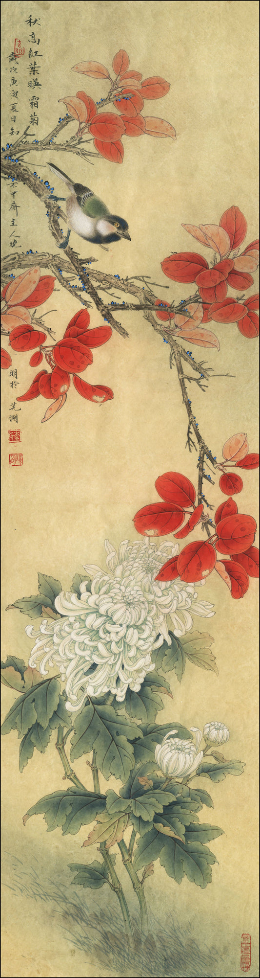Autumn Elegance: A Titmouse Amidst Red Leaves and Chrysanthemums – The Art of Chinese Brushwork