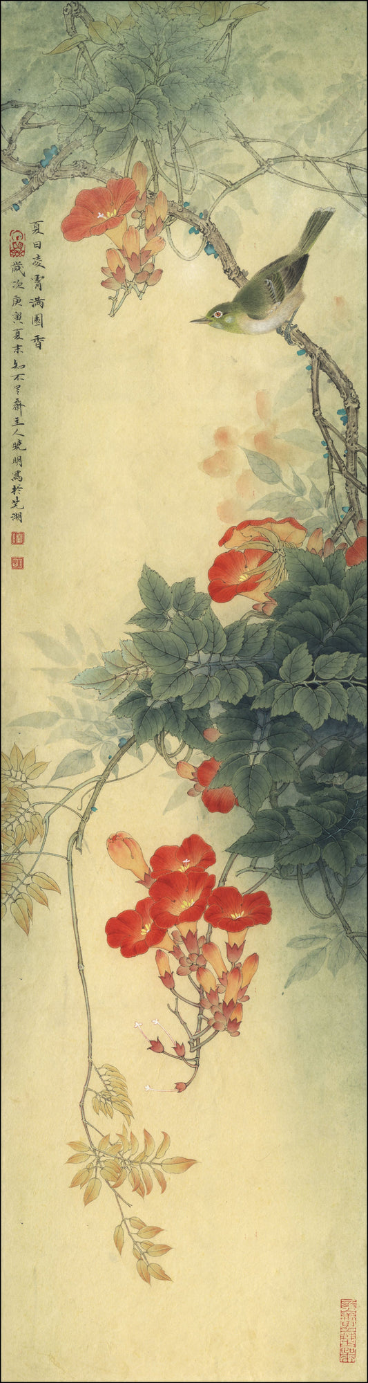 The Elegance of Summer: A Study of Trumpet Vine and Zosterops in Chinese Ink