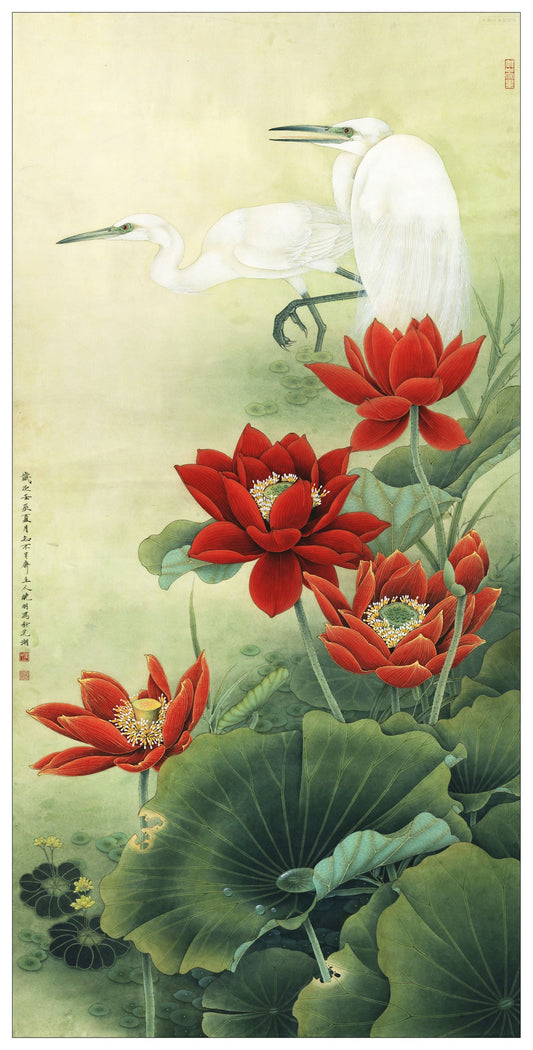 The Grace of Red Lotuses and Egrets: A Journey Through Chinese Brushwork