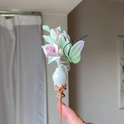 Handmade Chanhua Rose Vase Hairpin - Artisanal Delicate Traditional Hair Accessory