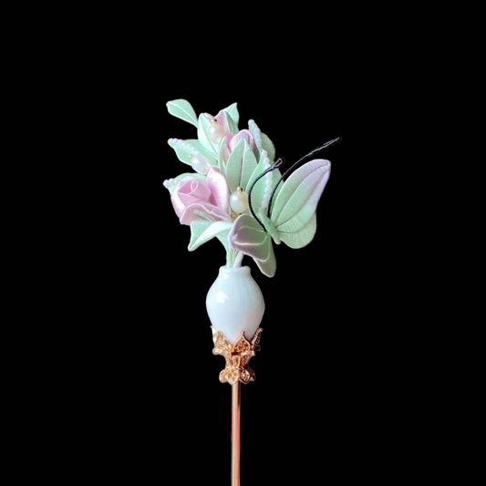 Handmade Chanhua Rose Vase Hairpin - Artisanal Delicate Traditional Hair Accessory