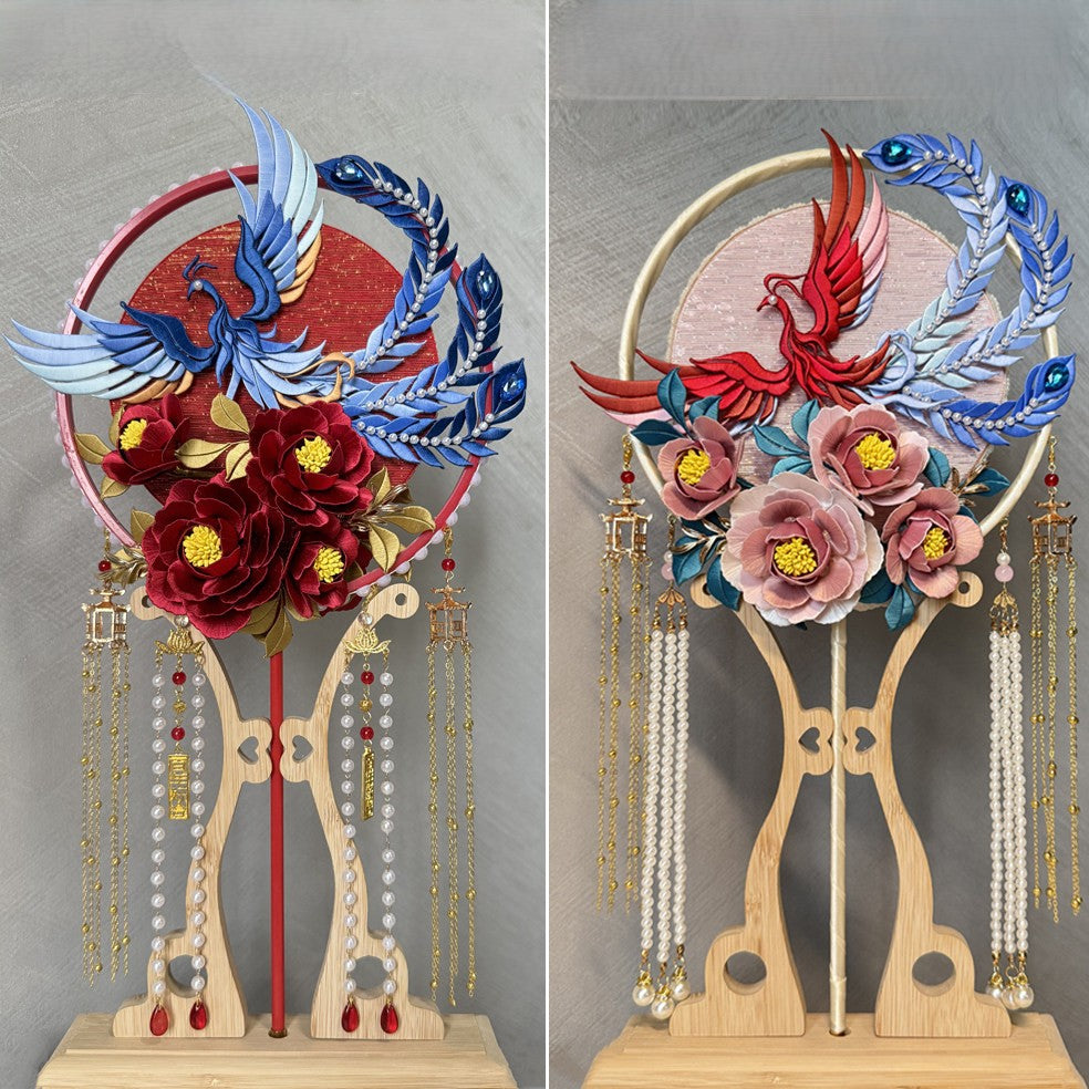 DIY Chanhua Phoenix Round Fan Kit with red and blue handmade flowers, golden tassels, and wooden stand.