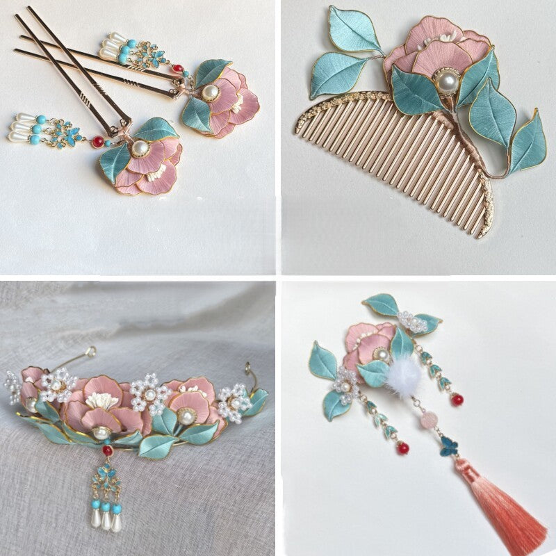 Small Peony Chanhua DIY kit with cloisonne edge materials, showcasing finished handmade floral hairpins, comb, and crown in pink and teal.