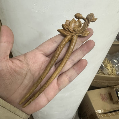 Ensemble de bâtonnets à cheveux en bois naturel – Épingle à cheveux lotus (荷花) en forme de U de 17 cm