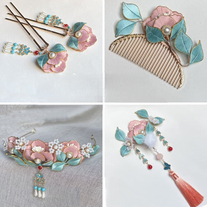 Small Peony Chanhua DIY kit with cloisonne edge materials, showcasing finished handmade floral hairpins, comb, and crown in pink and teal.