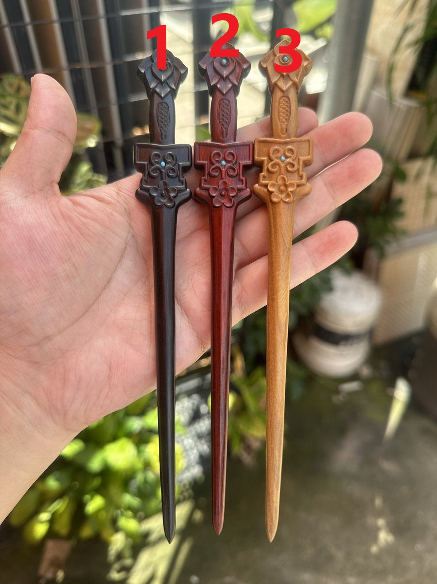Natural Wooden Sword Hair Stick Set - 20cm Hairpin (莲花剑簪)
