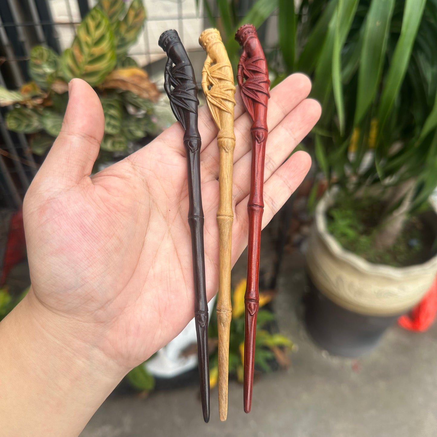 Set di bastoncini per capelli in bambù naturale - Forcina da 20 cm (foglie di bambù)