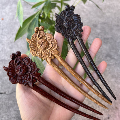 Set di bastoncini per capelli in legno naturale - Forcina per capelli a forma di U Peonia (富贵牡丹) da 17 cm