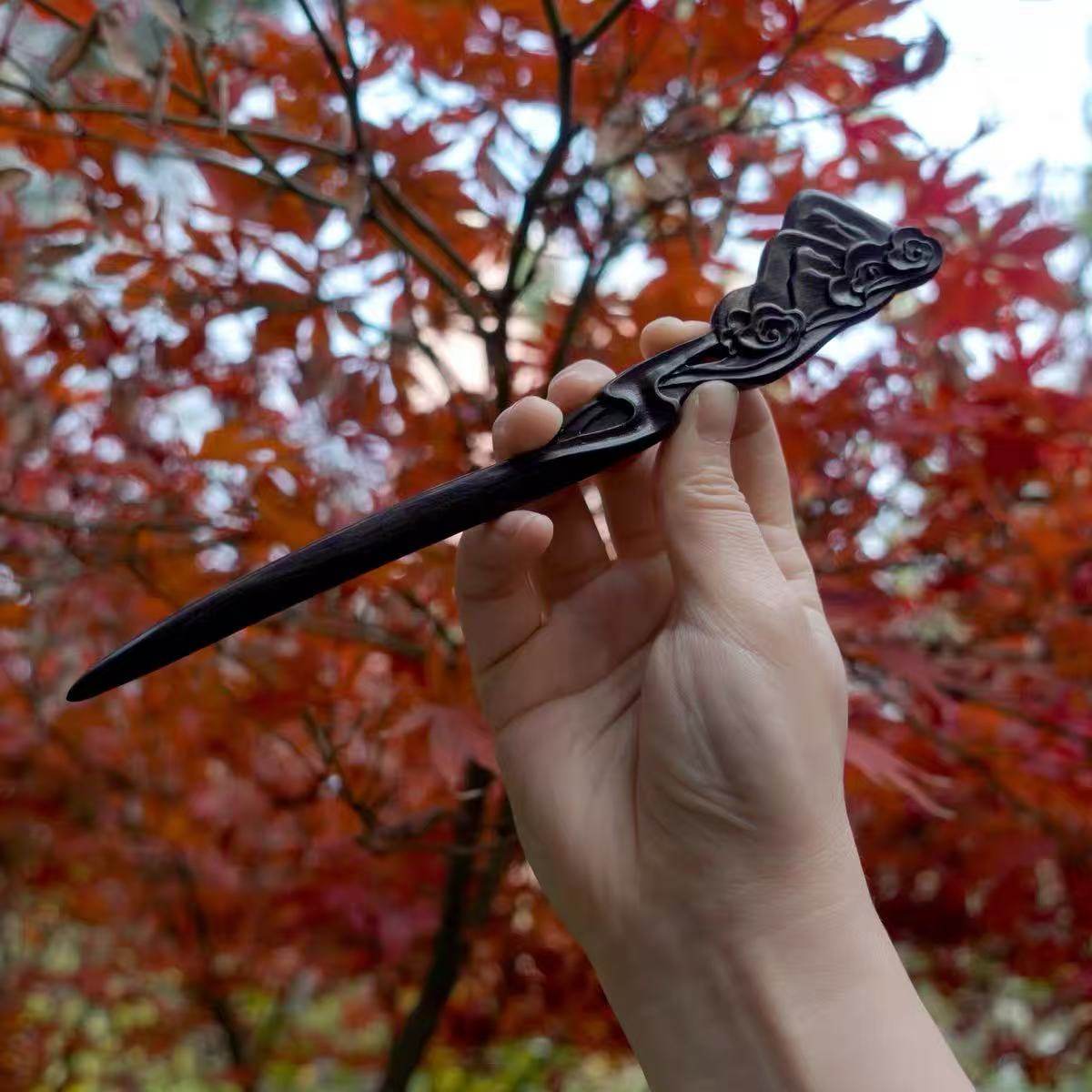 Fermaglio per capelli in Ebano africano naturale - Forcina da 20 cm con motivo paesaggistico e finitura liscia (山水图)