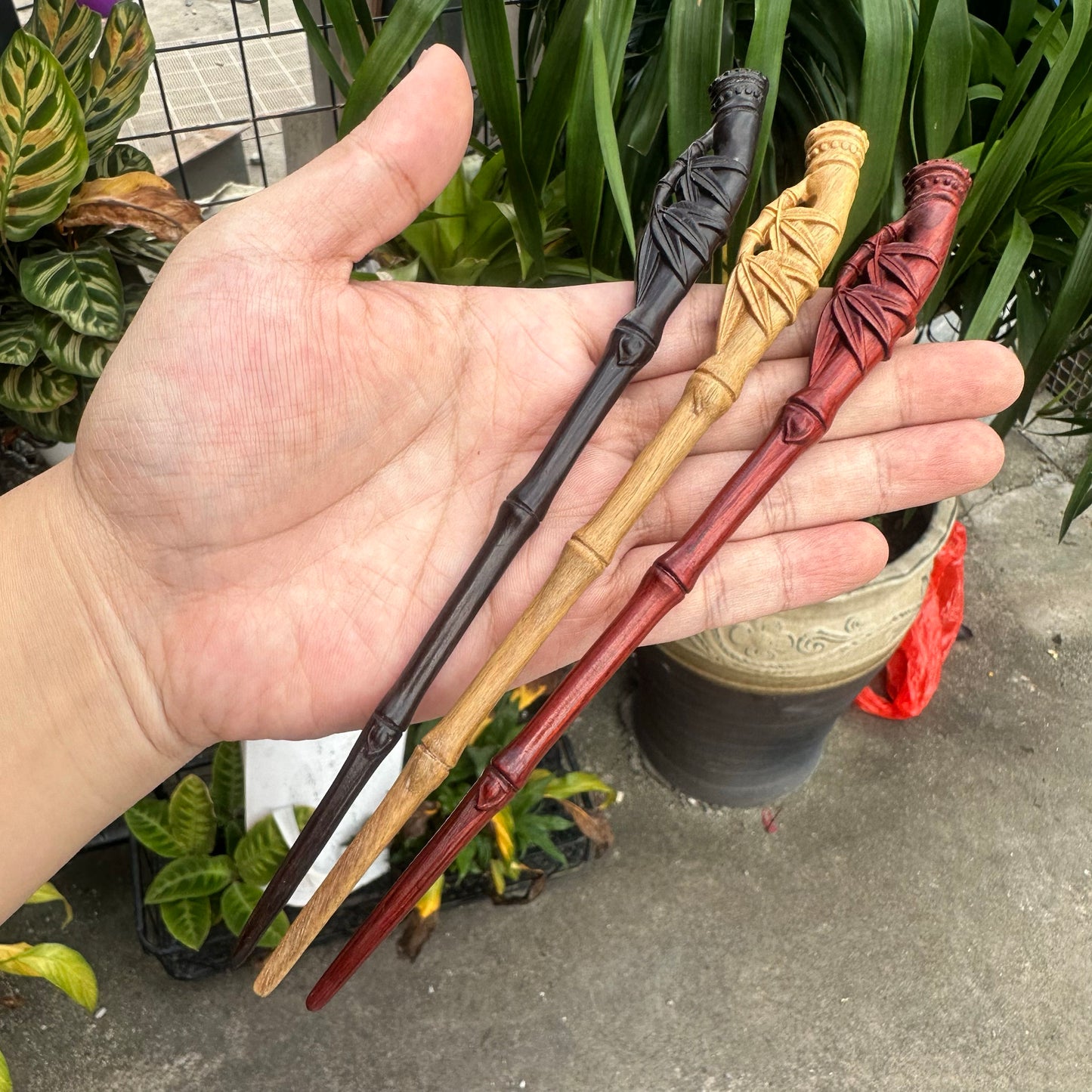 Set di bastoncini per capelli in bambù naturale - Forcina da 20 cm (foglie di bambù)