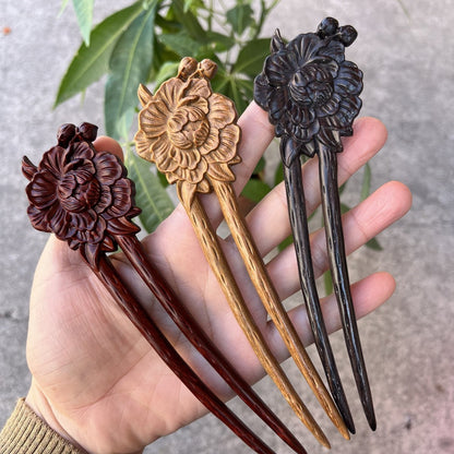 Set di bastoncini per capelli in legno naturale - Forcina per capelli a forma di U Peonia (富贵牡丹) da 17 cm