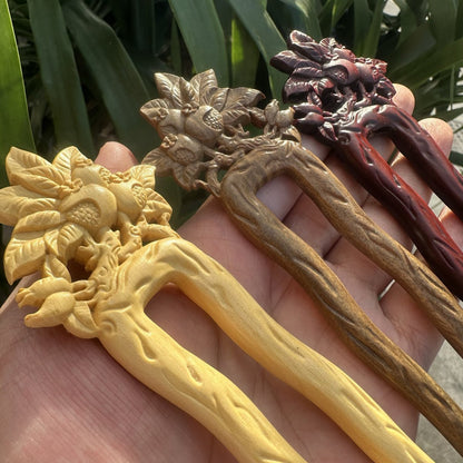 Set di forcine in legno naturale - Forcina a U Melograno da 17 cm (石榴花U簪)