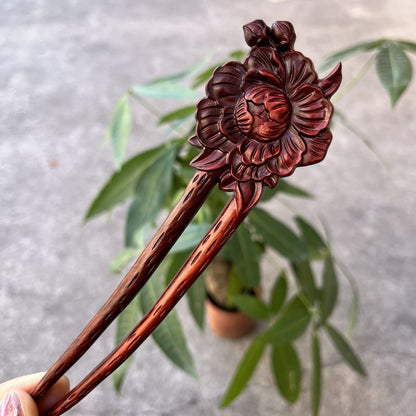 Set di bastoncini per capelli in legno naturale - Forcina per capelli a forma di U Peonia (富贵牡丹) da 17 cm