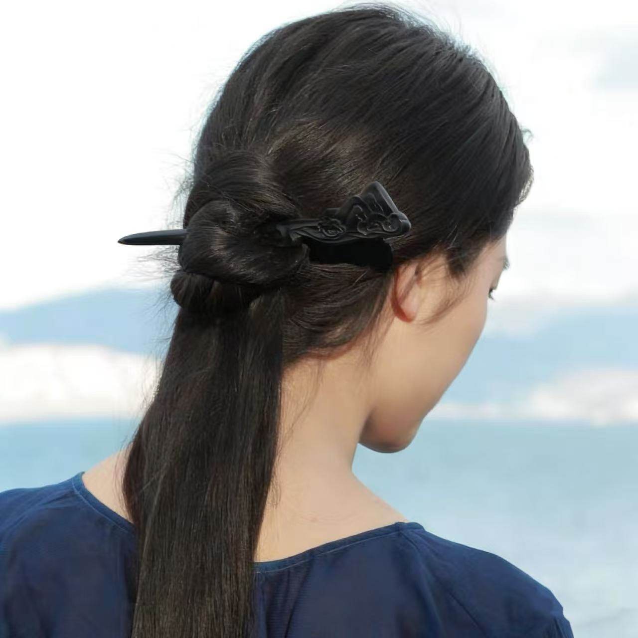 Fermaglio per capelli in Ebano africano naturale - Forcina da 20 cm con motivo paesaggistico e finitura liscia (山水图)