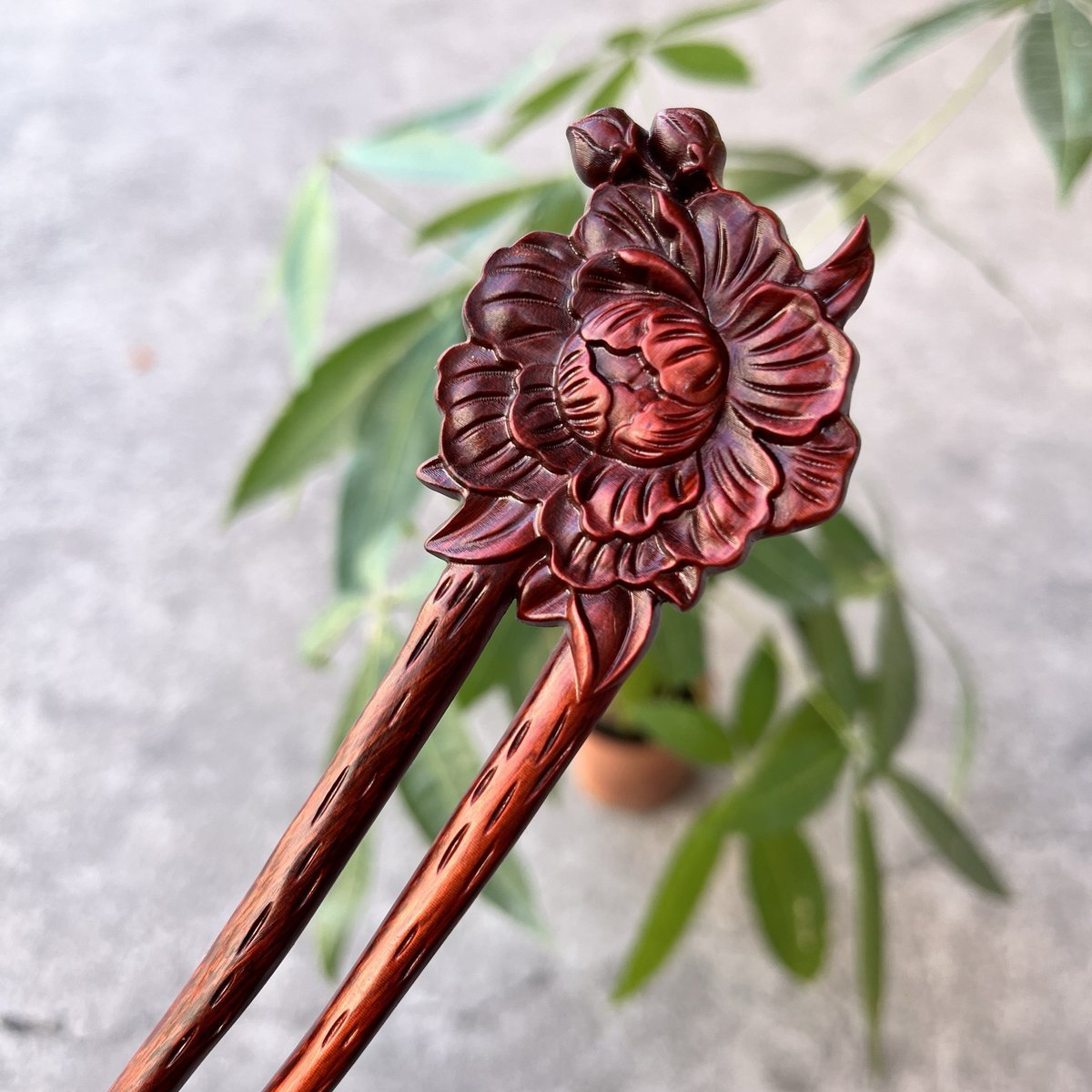 Set di bastoncini per capelli in legno naturale - Forcina per capelli a forma di U Peonia (富贵牡丹) da 17 cm