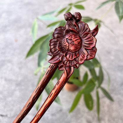 Set di bastoncini per capelli in legno naturale - Forcina per capelli a forma di U Peonia (富贵牡丹) da 17 cm