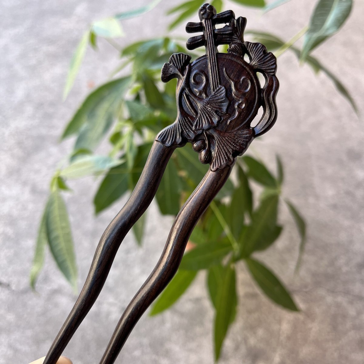 Natural Wooden Hair Stick Set - 17cm U Shape Moon Lute Hairpin (月琴)