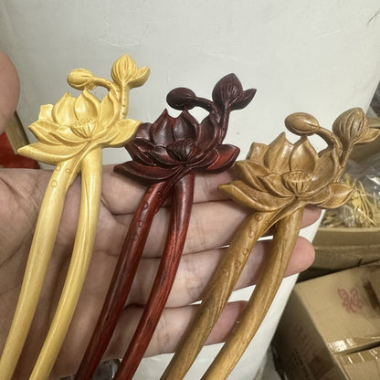 Ensemble de bâtonnets à cheveux en bois naturel – Épingle à cheveux lotus (荷花) en forme de U de 17 cm