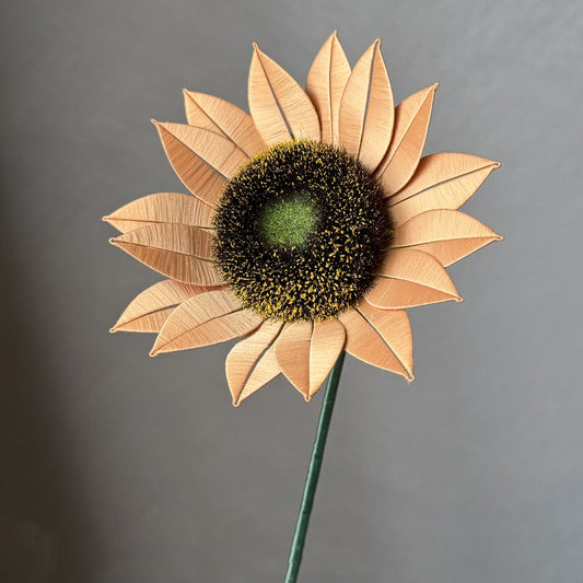 Handmade single artificial sunflower with textured yellow petals, fuzzy brown center, and green stem, perfect for DIY flower vase arrangement crafts.