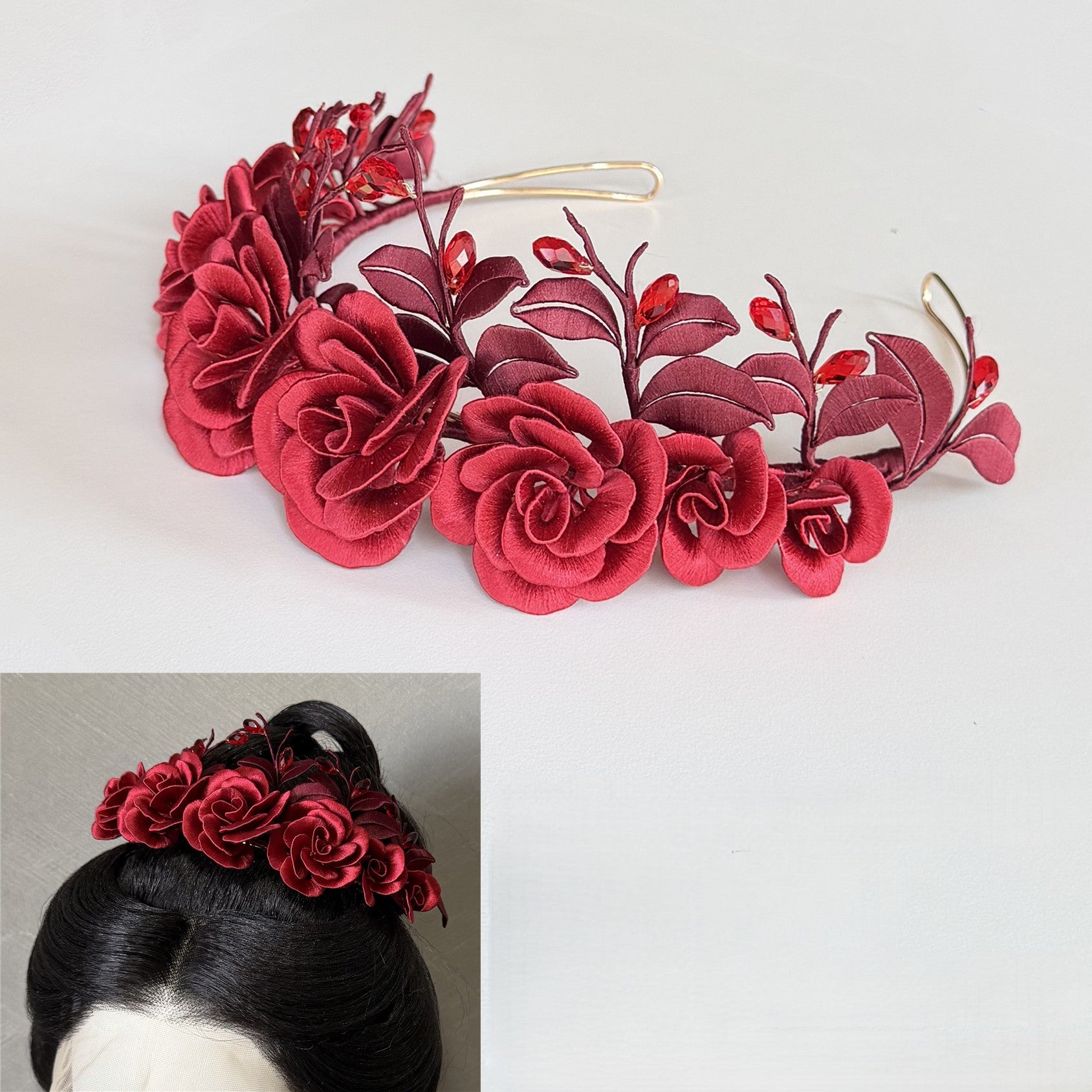 Red multiflora rose Chanhua crown DIY craft kit with detailed video tutorial, featuring intricate handmade silk petals, branches, and crystal accents for traditional hair styling.