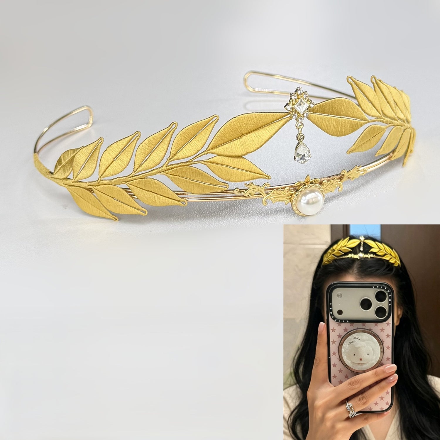 Gold laurel leaf crown headband with pearl and crystal drop accents, shown as a finished Chanhua DIY craft project, alongside a selfie of a woman wearing the crown.