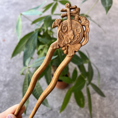 Natural Wooden Hair Stick Set - 17cm U Shape Moon Lute Hairpin (月琴)