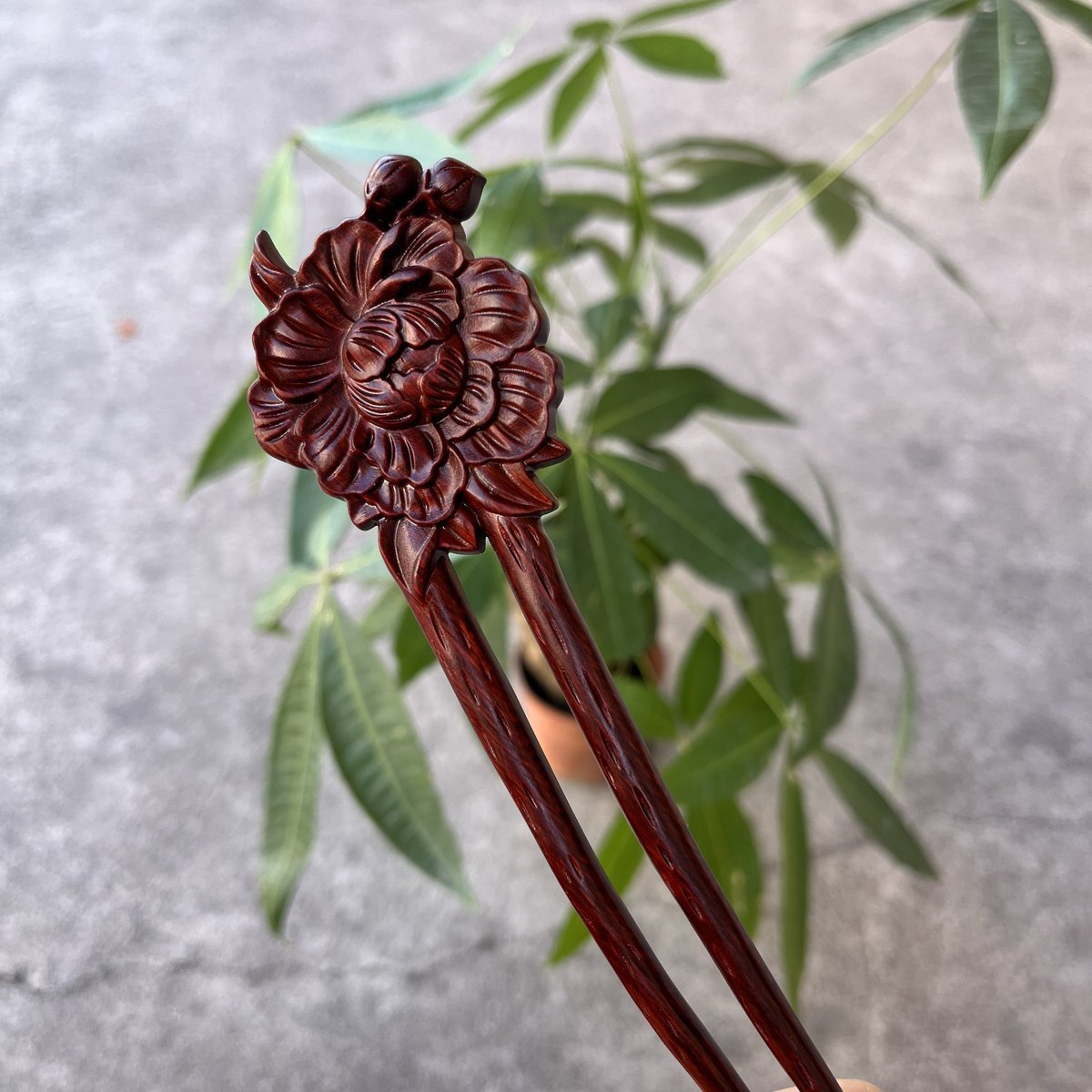 Set di bastoncini per capelli in legno naturale - Forcina per capelli a forma di U Peonia (富贵牡丹) da 17 cm