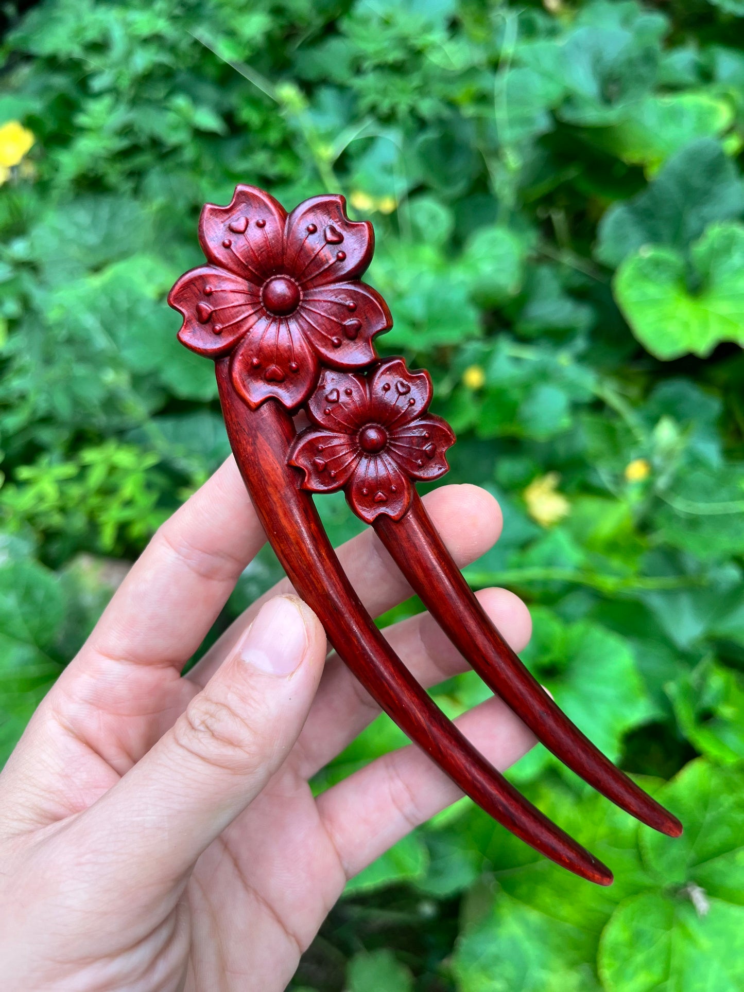 Set di bastoncini per capelli in palissandro naturale - Forcina a U da 15 cm con motivi floreali (招财貔貅)