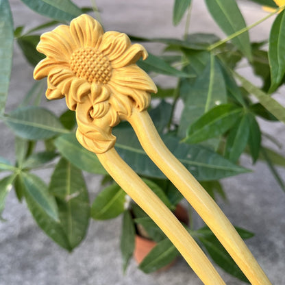 Natural Wooden Hair Stick Set - 17cm U Shape Sunflower Hairpin (向日葵)
