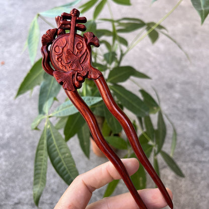 Natural Wooden Hair Stick Set - 17cm U Shape Moon Lute Hairpin (月琴)