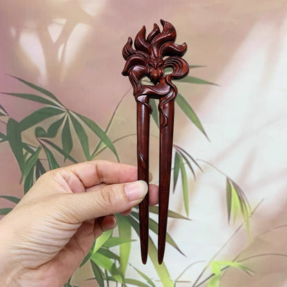 Ensemble de bâtonnets à cheveux en bois naturel - Épingle à cheveux renard à neuf queues en forme de U de 17 cm (九尾狐凤九)
