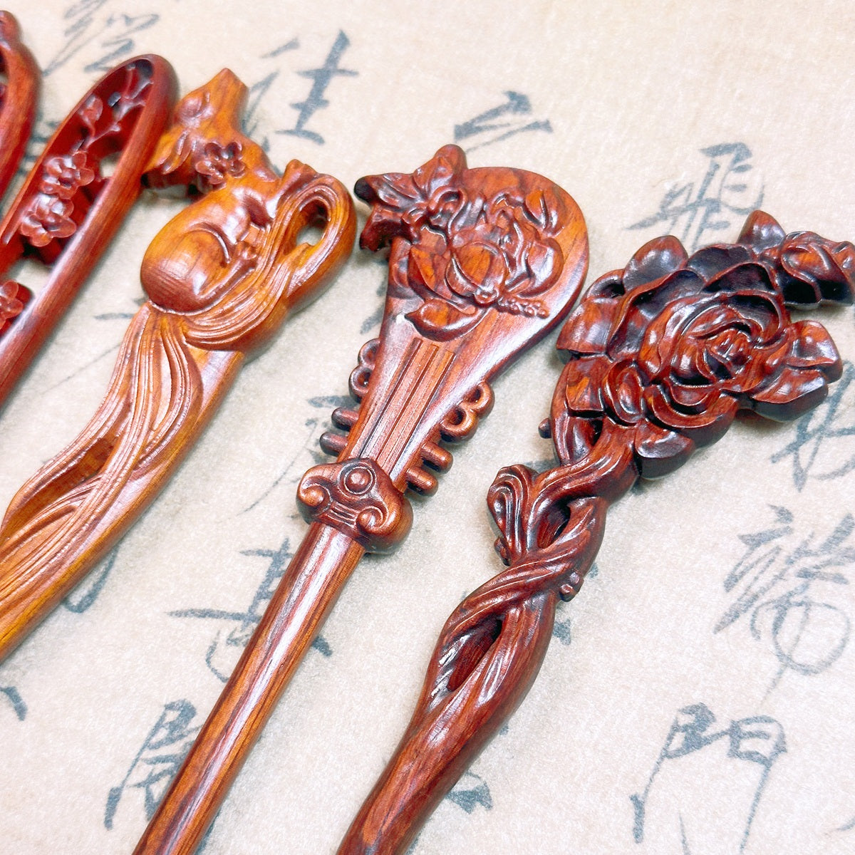 Fermaglio per capelli in palissandro birmano naturale - Set di forcine in legno intagliato per donna (小叶紫檀)