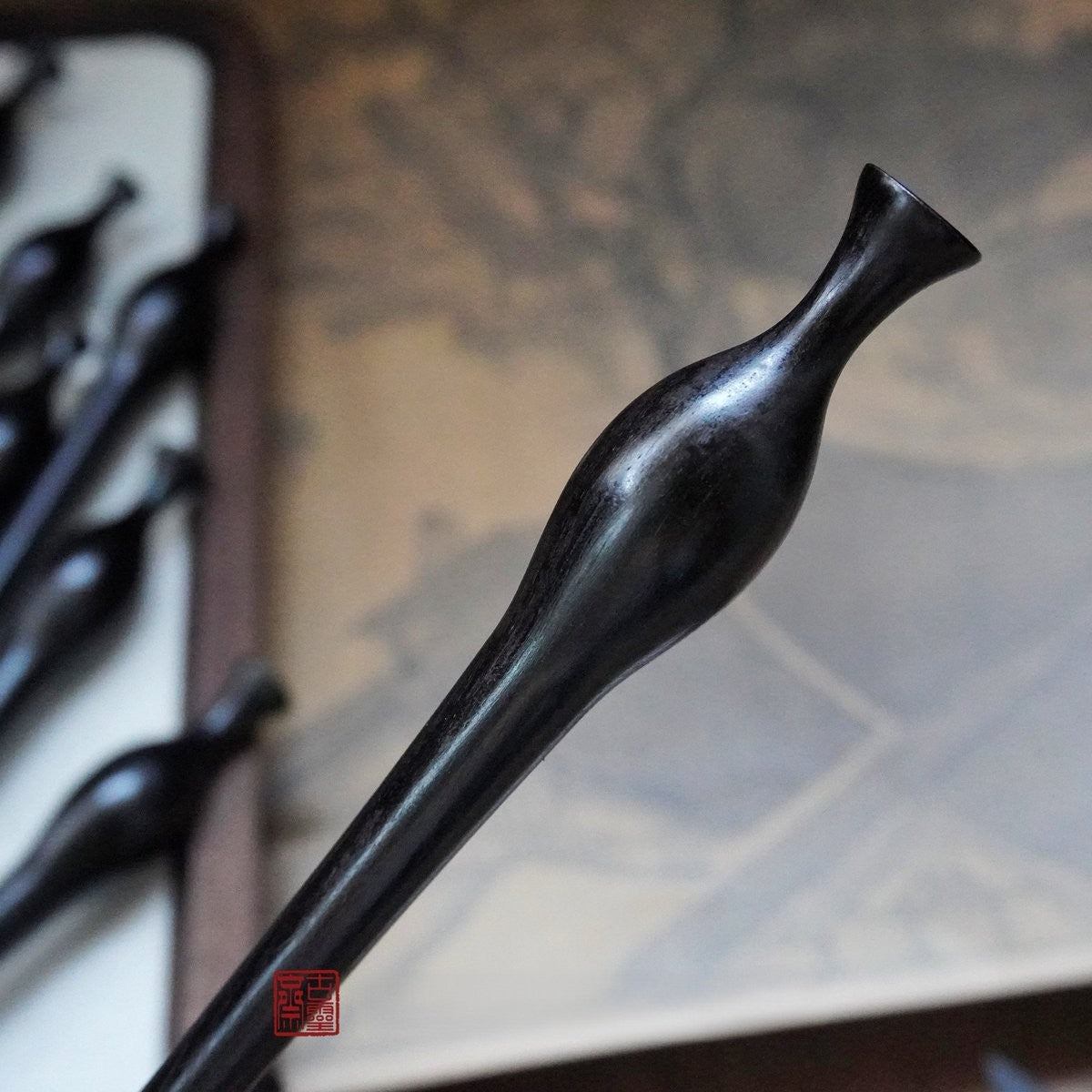 Bâton de cheveux en bois noir africain naturel - Motif vase (bouteille de fleur) #花瓶簪