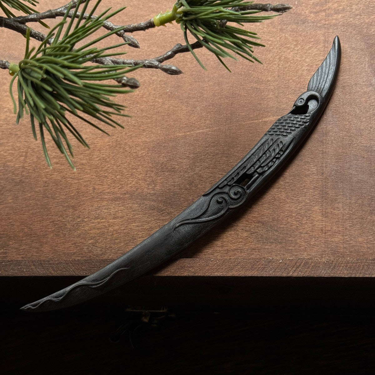 Fermaglio per capelli in legno nero africano naturale - Gru e Luna Design 18cm #鹤语松上月