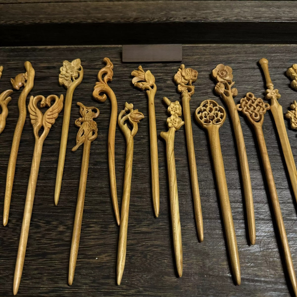 Natural Aged Peach Wood Hair Stick Set - Assorted Floral and Nature Designs Hairpins #老桃木簪合集