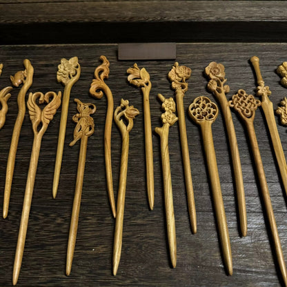 Natural Aged Peach Wood Hair Stick Set - Assorted Floral and Nature Designs Hairpins #老桃木簪合集