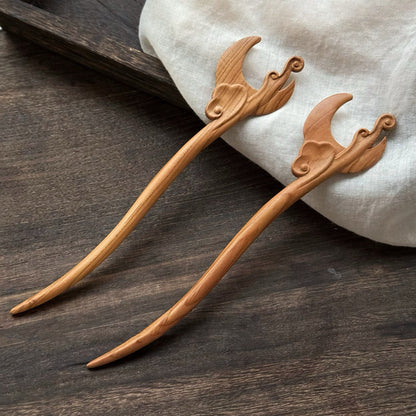 Bacchetta per capelli in legno di pesco naturale - Design nuvola lunare primaverile autunnale #春秋月云